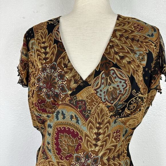 Vintage Y2K Silk Dress Citrine Women 10 Brown Paisley Boho Midi Bias Chiffon - Picture 4 of 14